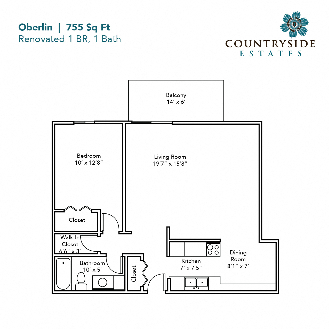 Floor plan for 1 bed, 1 bath, 755 sqft